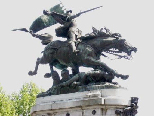 bronze statue of Joan of Arc on horseback in Chinon