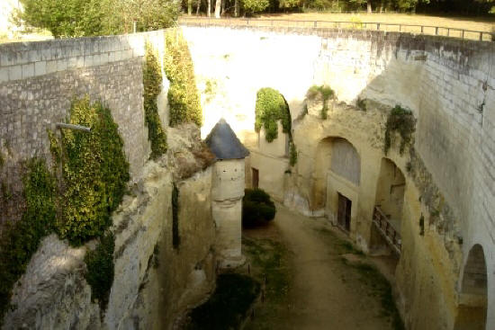 Looking into the deep dry moat of Chateau de Breze in the Loire Valley.France