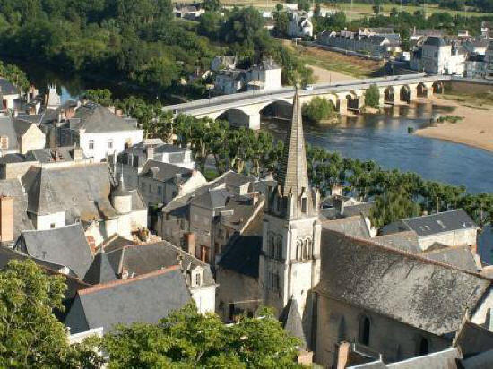looking down on the bridge over the river Vienne from the chateau at chinon
