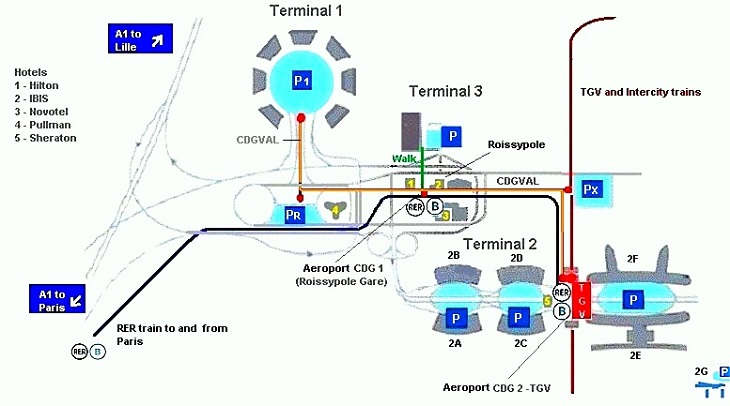 plan of Charles de Gaule (CDG) Paris showing train stations and hotels