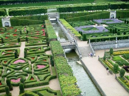 looking down at the cross garden from the tower at Chateau Villandry in the Loire Valley France