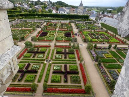 View of the kitchen gardens at Chateau Villandry in the Loire valley from atop of the tower