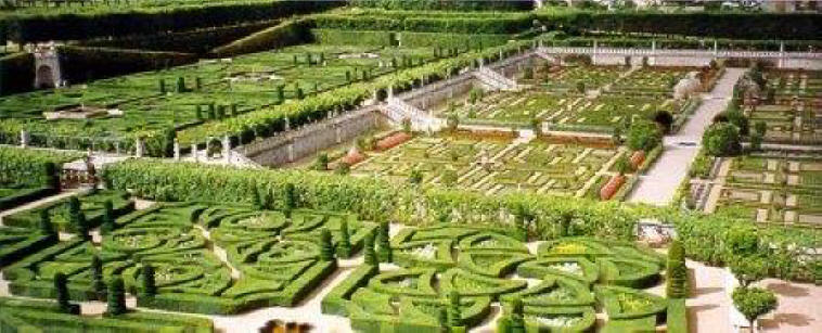 View of the garden terraces at  Chateau Villandry in the Loire Valley in France